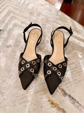 Jessica Simpson Black Pointed Slingback Heels with Gold Eyelet Detail